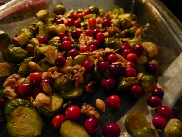 Roasting pan of Brussels sprouts salad
